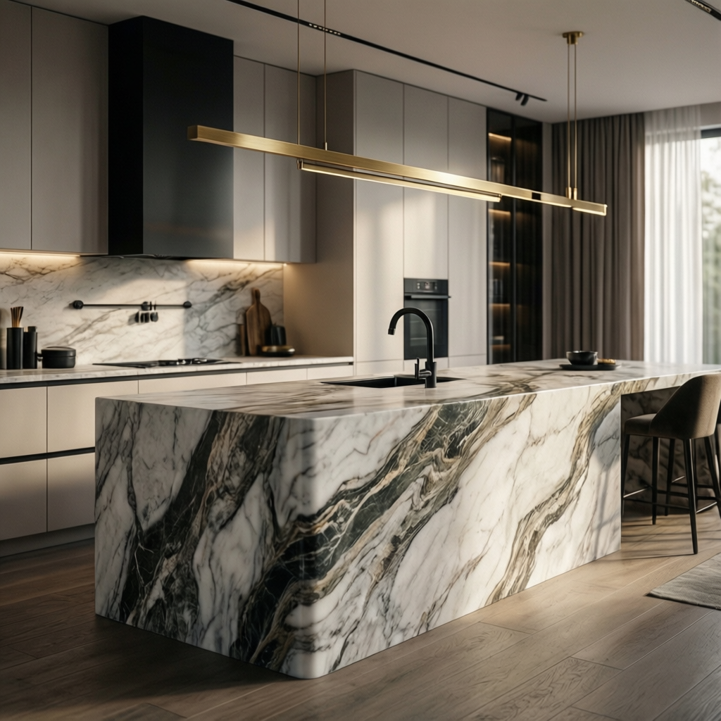 high end contemporary kitchen with light marble surfaces and strong contrast large marble waterfall xfh4o22twmyqkwolki6u 0