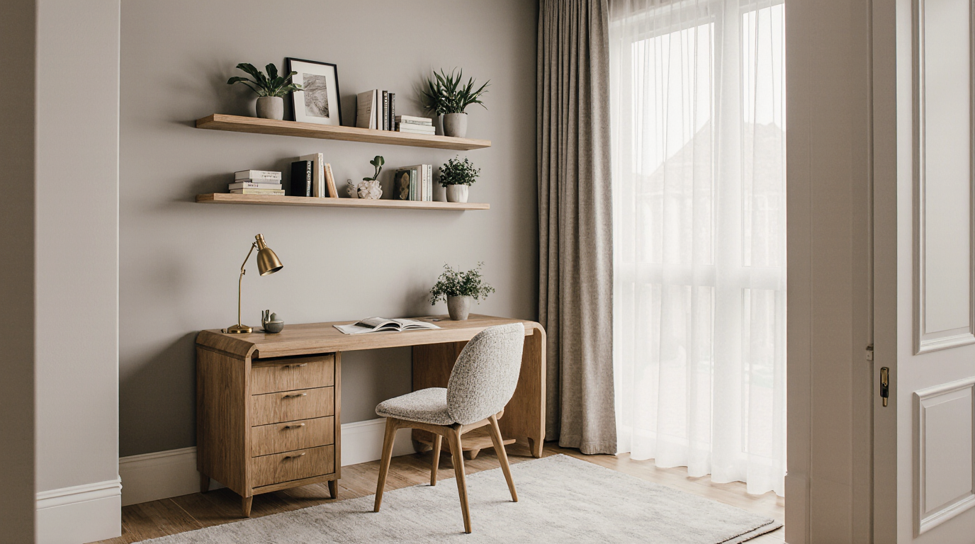 luxury home office warm earthy palette of greige olive and taupe oak desk with curved edges boucle u5lk1pj0b6qhslo0pbds 0