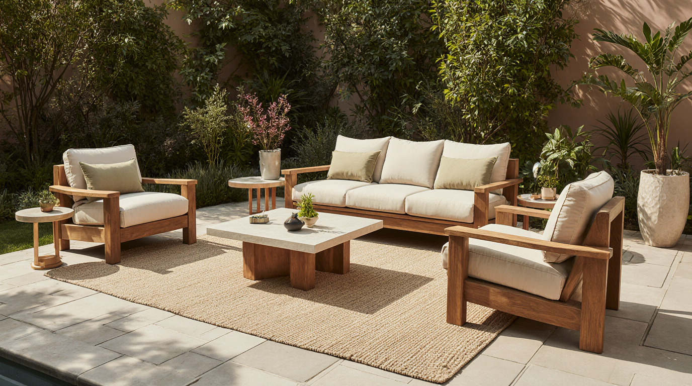 luxury outdoor living space warm neutral palette with taupe beige and olive curved oak lounge chair odc94bwx3nrgetzd02nm 0