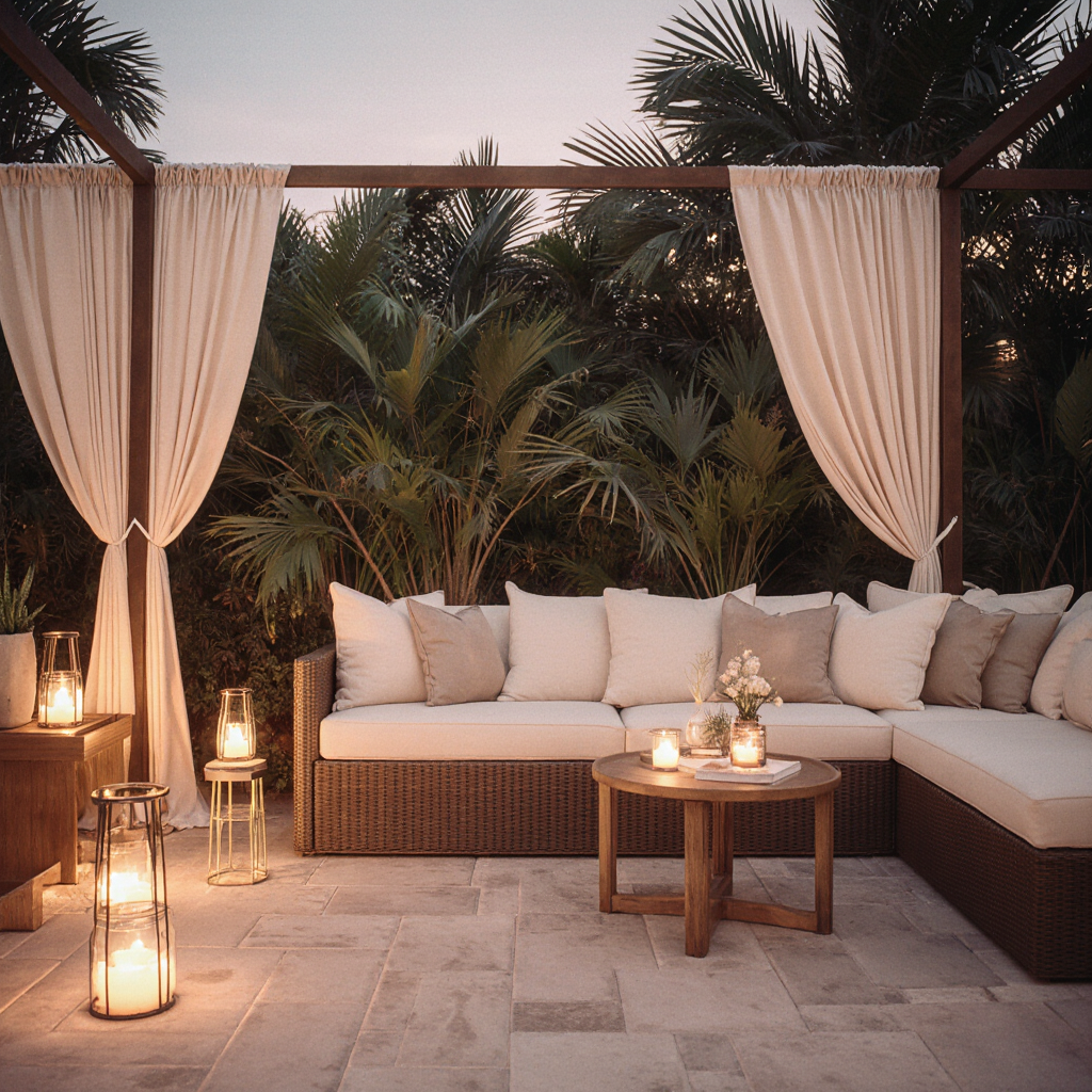 Home luxury resort style outdoor living space with neutral tones light stone flooring large lounge seati w11b0hri44kpchrk2ib2 0