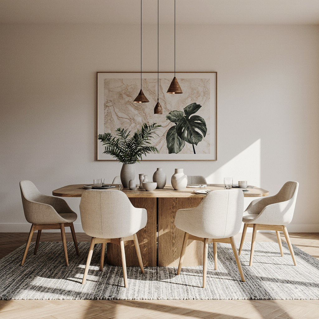 photorealistic luxury organic modern dining room with warm neutral palette light oak dining table c 3jnobnxhxrr9wlfqgtou 1