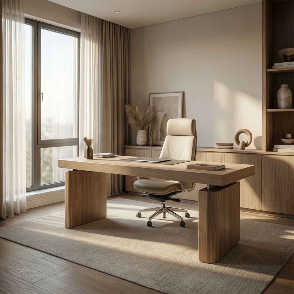 photorealistic modern luxury home office with soft warm neutral tones light oak desk cream upholste mxubhfaea6xh80i59zqj 0