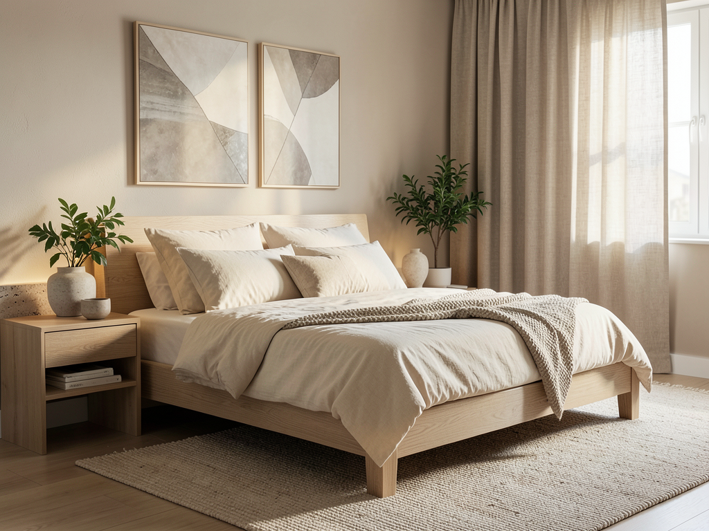 photorealistic organic modern bedroom with warm neutral palette light oak bed frame cream linen bed rne58kqmvt7x5l3a21p0 1