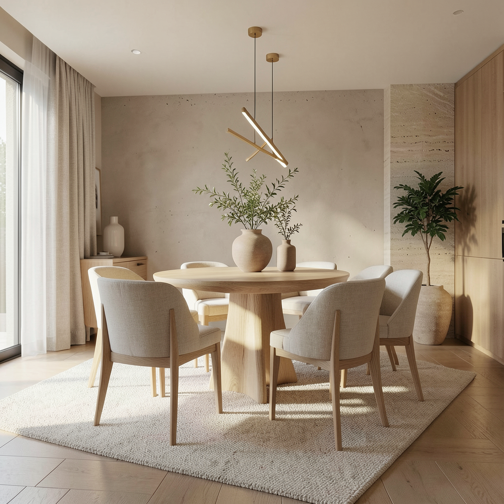 photorealistic organic modern dining room with warm neutral palette light oak dining table cream li gvge1lixp13o4cqxf4fs 1
