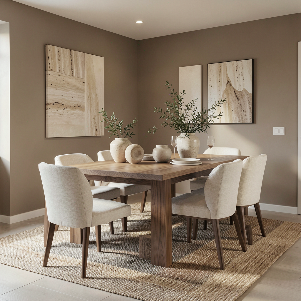 photorealistic organic modern dining room with warm neutral tones soft taupe walls light oak dining 7p3xkaiu7jb31jv1szzw 0